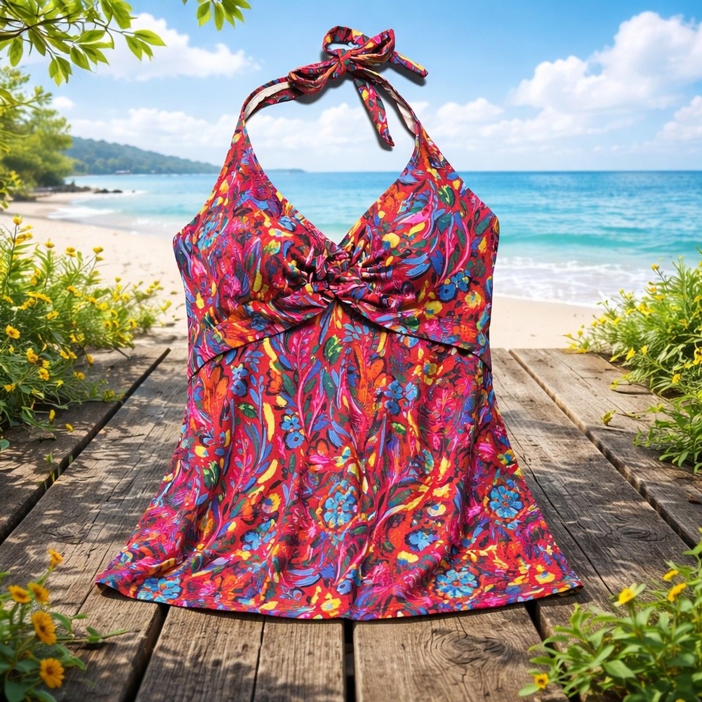 Garnet Hill Tankini Swim Top Red Floral Halter Twist Front Padded Size 10